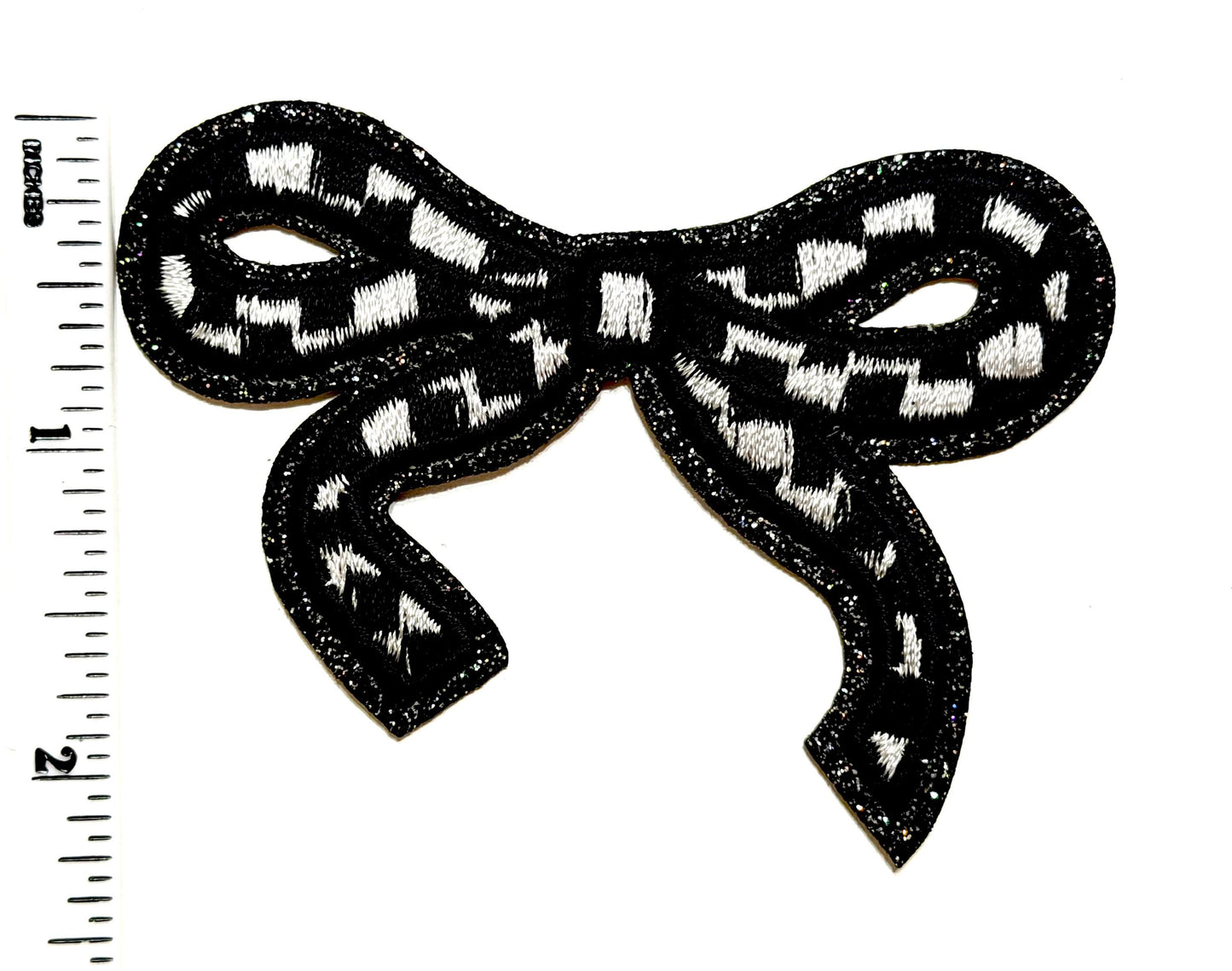 Checkered bow with glitter outline patches - Embroidered DIY iron on patch