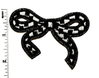 Checkered bow with glitter outline patches - Embroidered DIY iron on patch