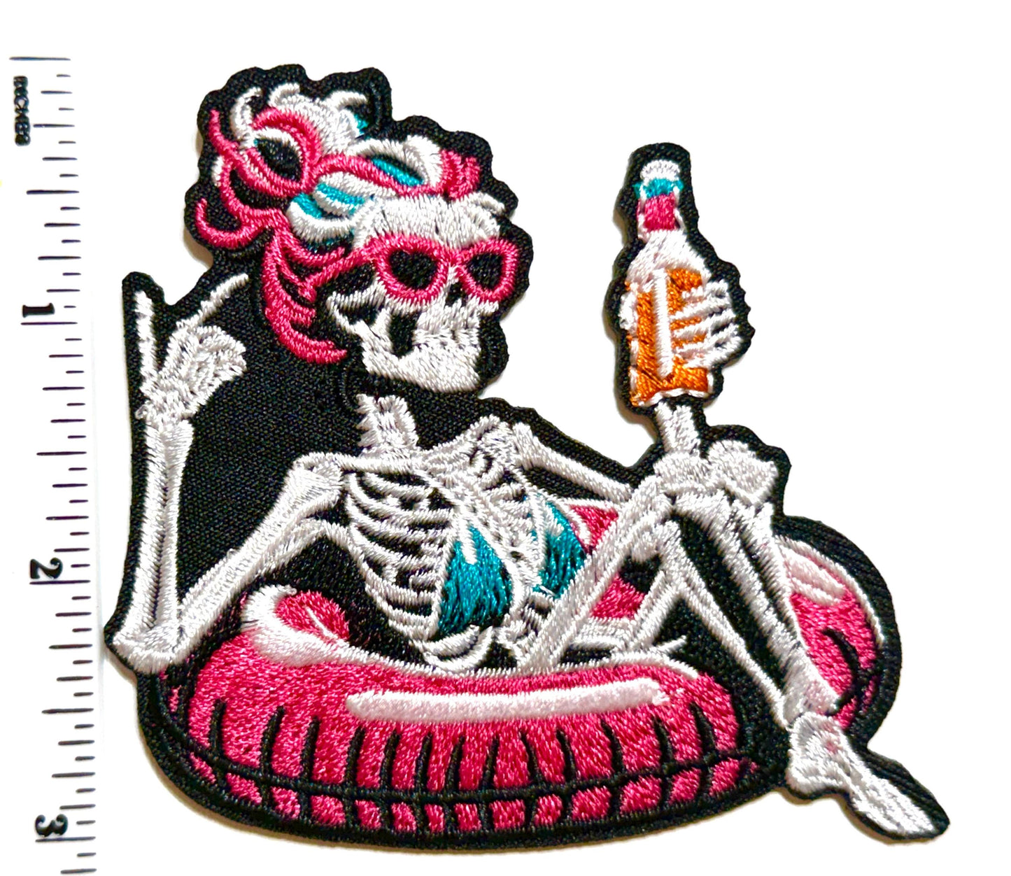Skelly Girl Messy Bun Floating with a drink Embroidered Patch – DIY Iron-On Applique 3.5"