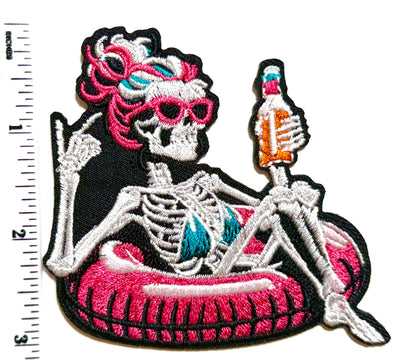 Skelly Girl Messy Bun Floating with a drink Embroidered Patch – DIY Iron-On Applique 3.5"