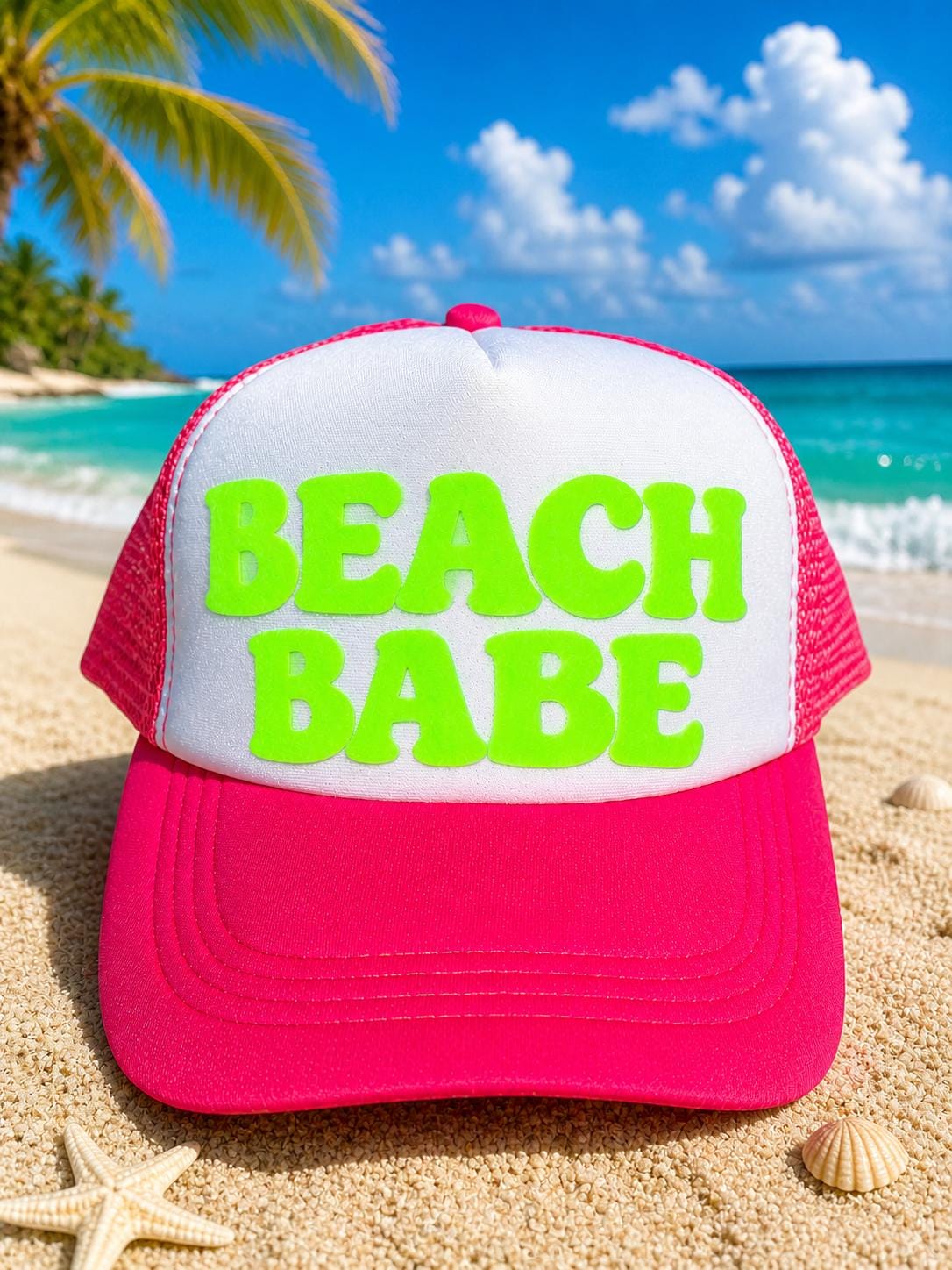 Hot Pink Beach Babe Neon Trucker Hat with puff letters