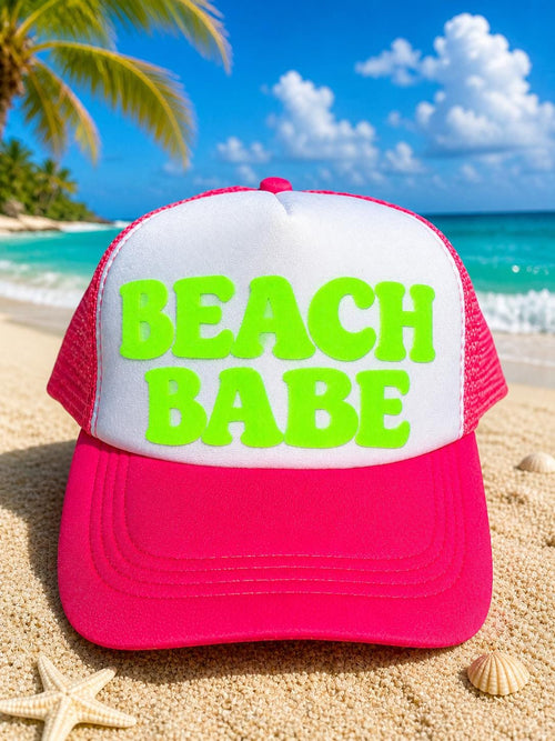 Hot Pink Beach Babe Neon Trucker Hat with puff letters