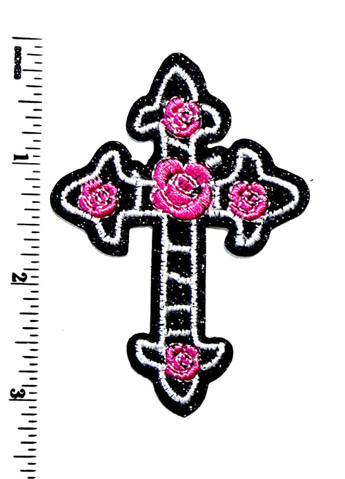 Cross with Roses - Embroidered Iron on patch