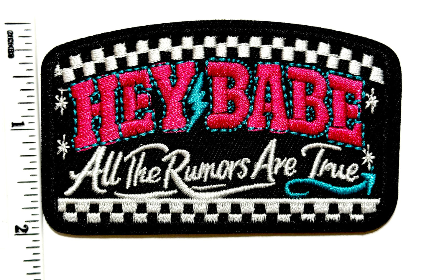 Hot Pink Turquoise Checkered Hey Babe all the rumors are true - Embroidered Iron-On Patch 3.25"