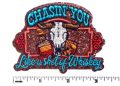 Chasing you like a shot of Whiskey Patch – Turquoise with brown glitter Iron-On Applique