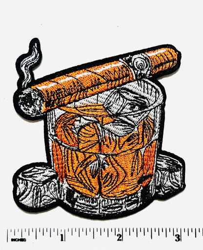 Cigar and whiskey patch - Embroidered Iron on patch 3”
