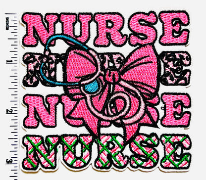 Nurse with Stethoscope & bow - Embroidered Iron on patch 3.25”