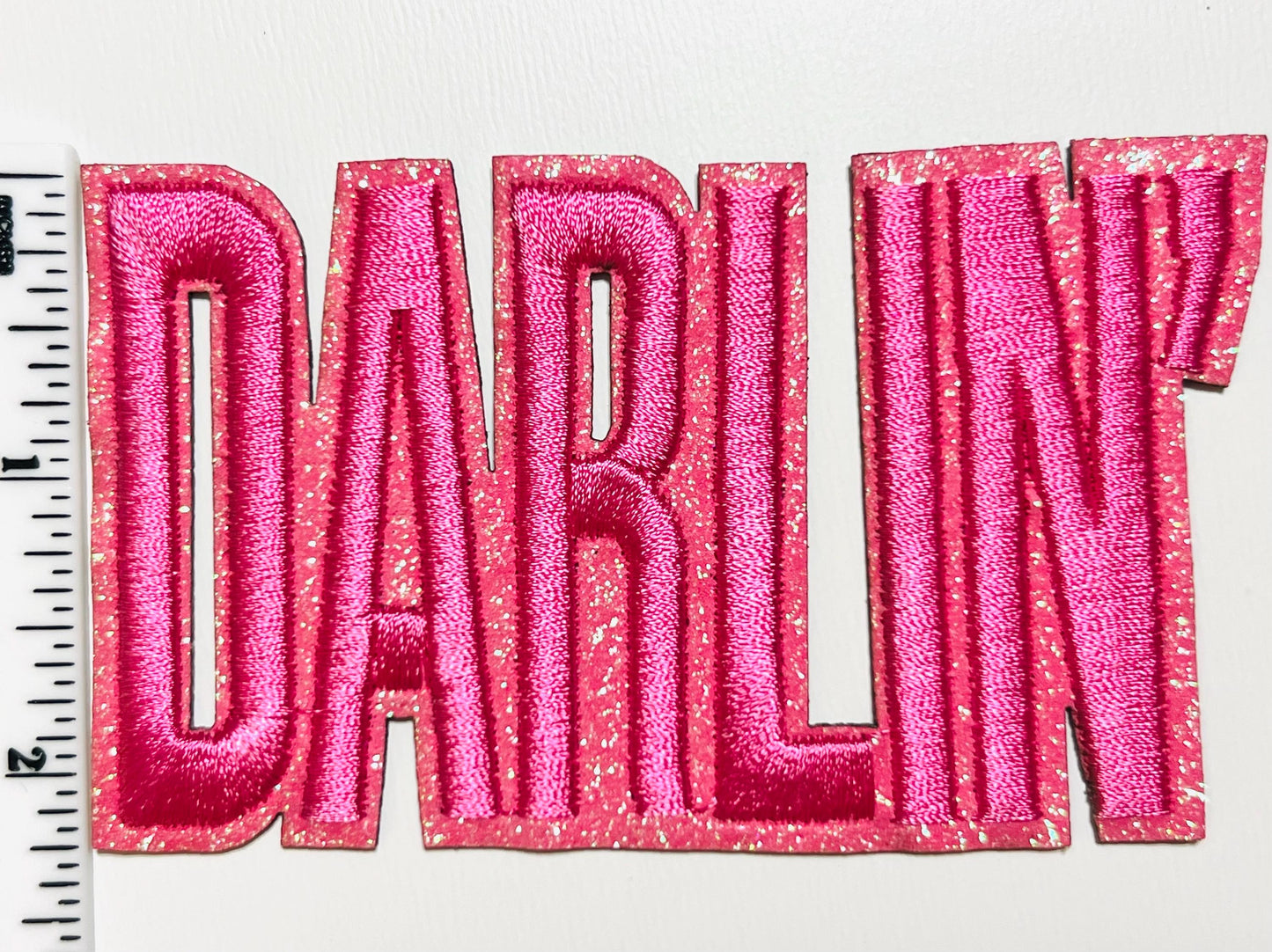 Darlin’ patch - Raised Embroidered Iron on patch with pink glitter