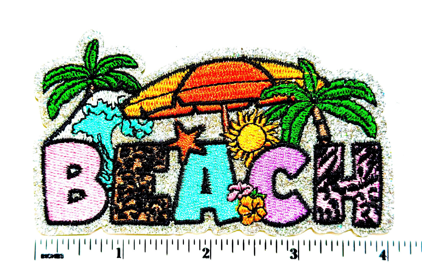 Beach patch  - Embroidered Iron on patch with silver glitter