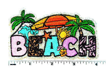 Beach patch  - Embroidered Iron on patch with silver glitter