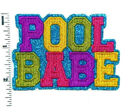 Pool Babe - Embroidered Iron on patch with blue glitter outline