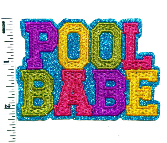 Pool Babe - Embroidered Iron on patch with blue glitter outline