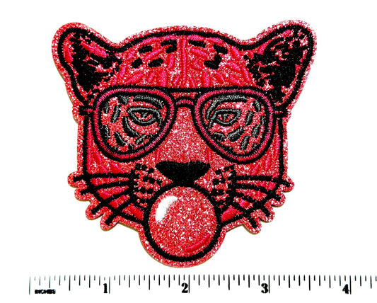 Pink Tiger blowing bubble patch - Embroidered DIY Iron on patch with glitter