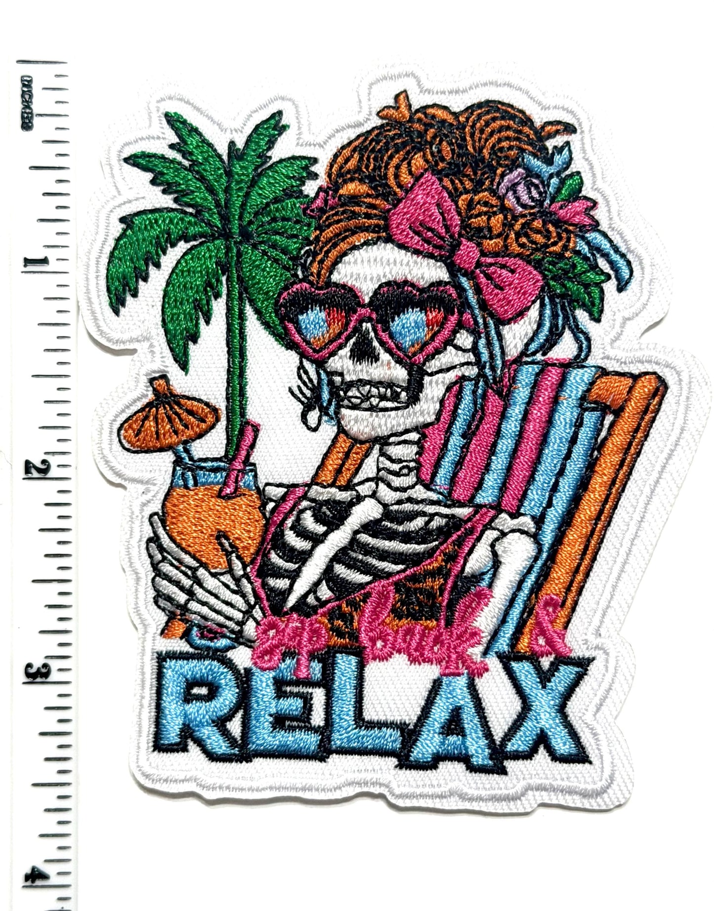 Skeleton Relax Patch, Summer Skeleton Iron On Patch, Beach Skeleton Embroidered Patch, Funny Vacation Patch, Tropical Skull Patch