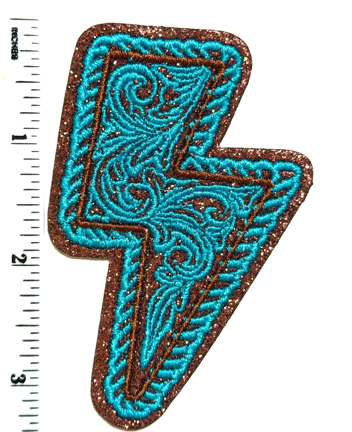 Spade or Lightning Bolt decorative brown glitter and turquoise - Embroidered Iron-On patch 3.5”