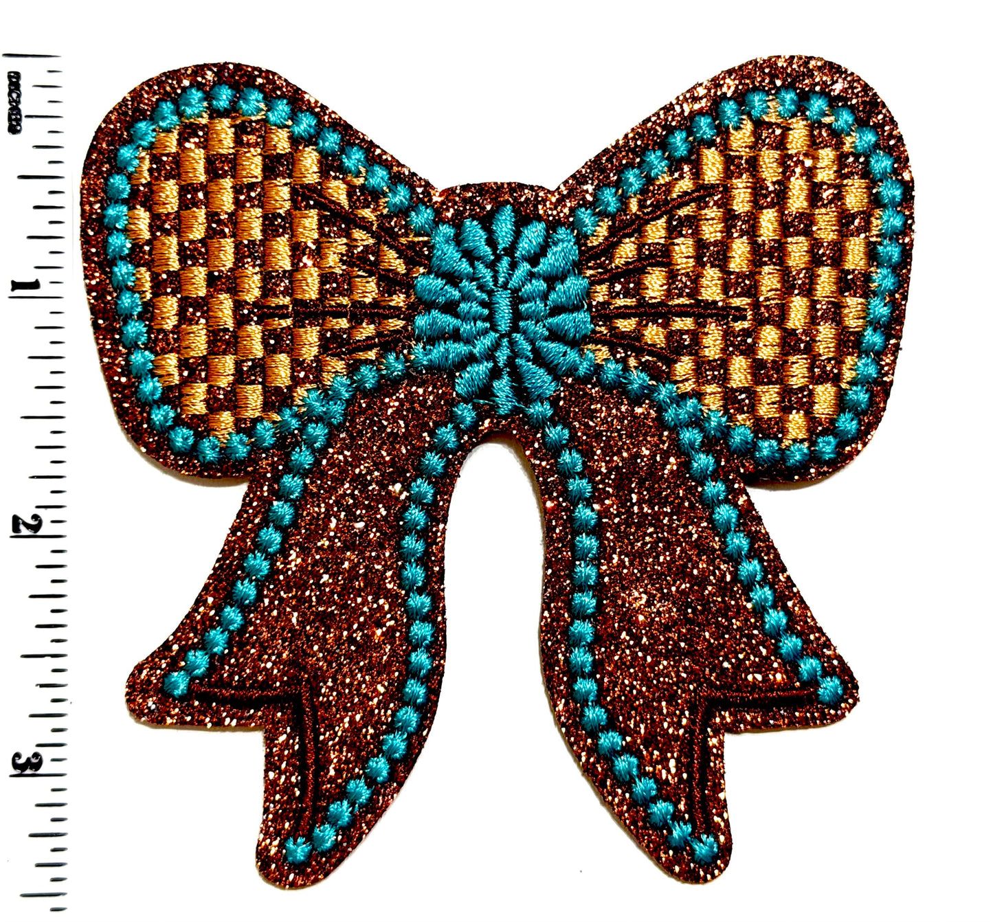 Turquoise & Checkered Brown Glitter patches, Bow and Star - Iron On DIY Applique