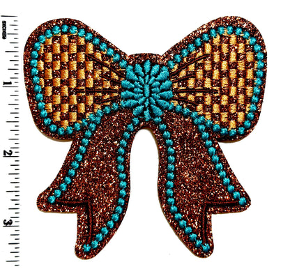 Turquoise & Checkered Brown Glitter patches, Bow and Star - Iron On DIY Applique