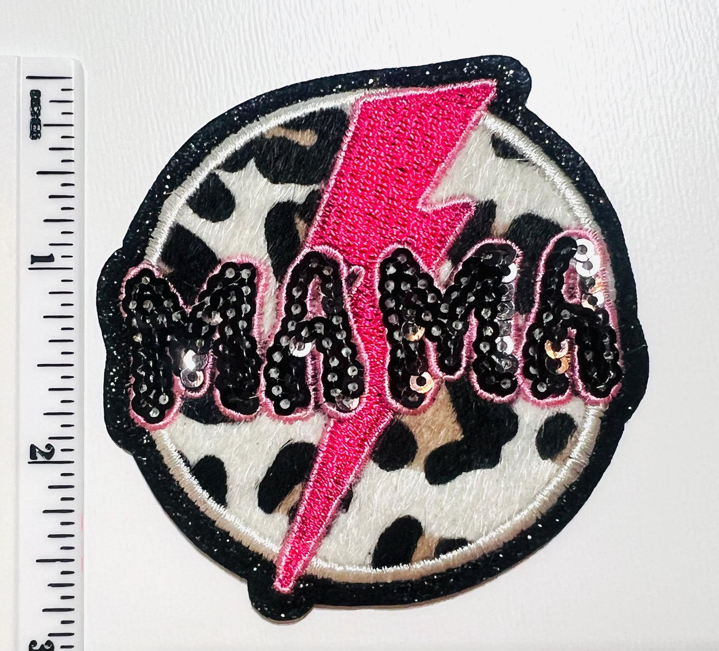 Mama with pink lightning bolt - Embroidered & Sequins Iron on patch