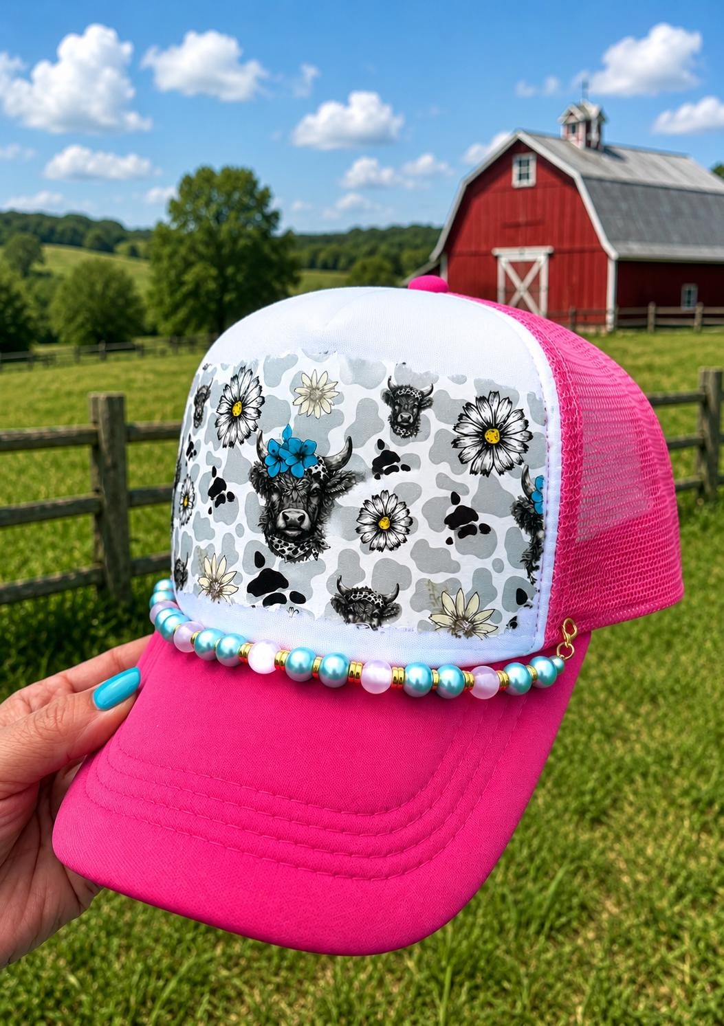 Hot Pink Cow Design Trucker Hat with Beaded Chain | Western Cowgirl Cap Summer Accessory