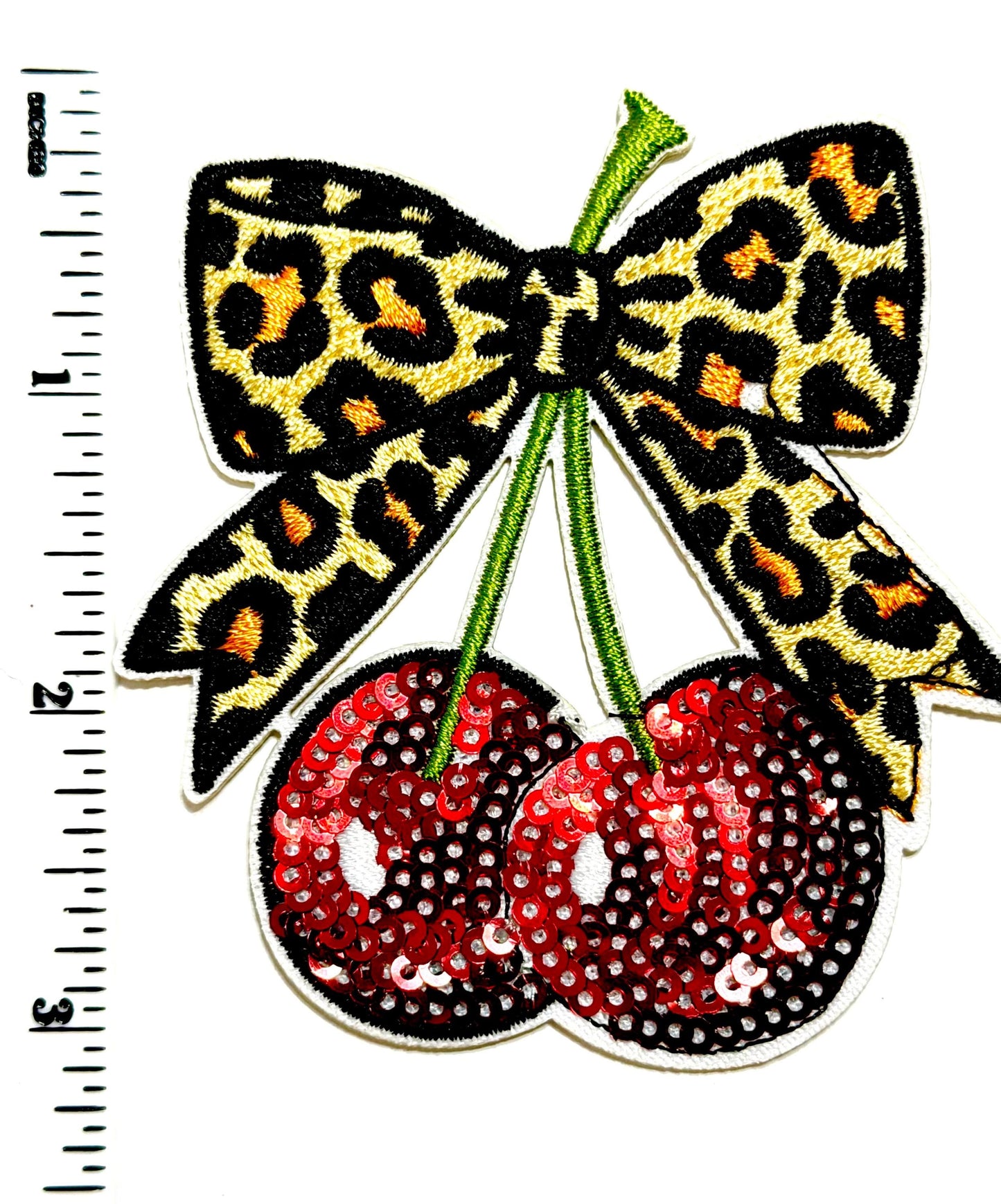 Leopard Print bow with sequined cherries patch - Embroidered & Sequins Patch - Iron-On Applique