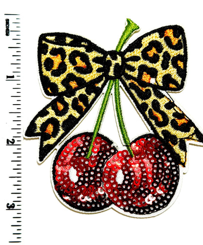 Leopard Print bow with sequined cherries patch - Embroidered & Sequins Patch - Iron-On Applique