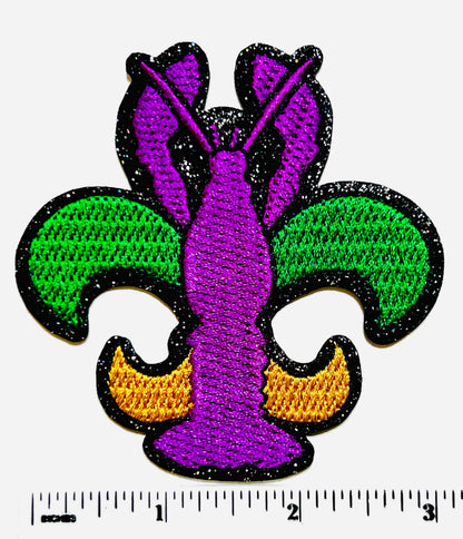 Crawfish fleur de lis with glitter outline - embroidered DIY Iron on patch