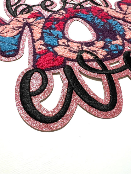 Mom Chenille Patch – Pink Glitter Iron-On Applique