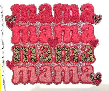 Mama - Chenille Iron on patch with pink glitter outline