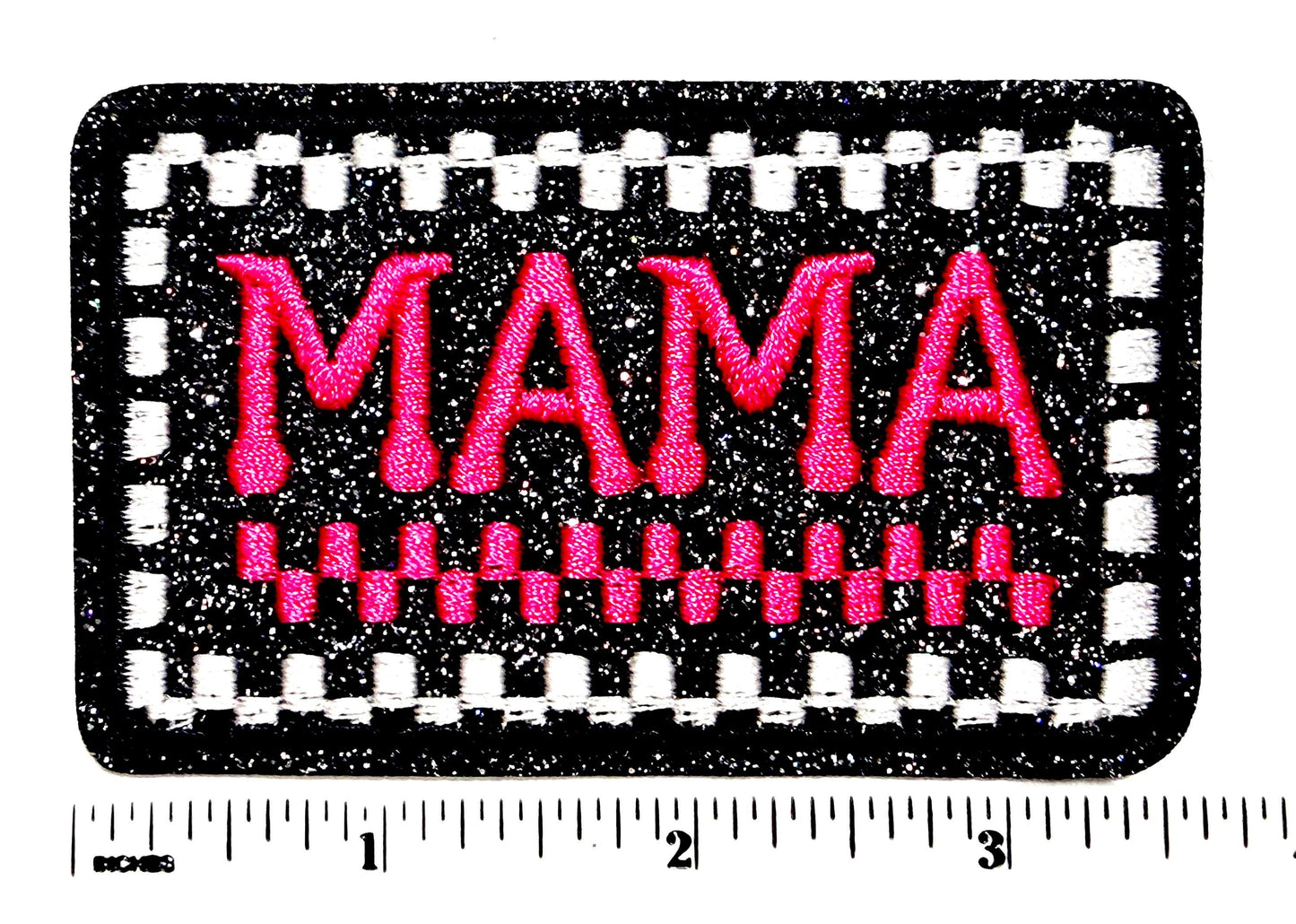 MAMA hot pink checkered patch - Embroidered Iron on patch with glitter