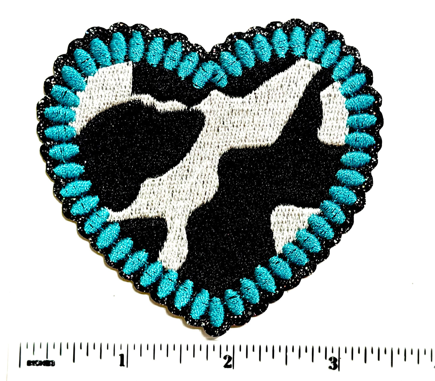 Cow print & Turquoise Patches - heart, lightning bolt, star - Embroidered Iron-On patches
