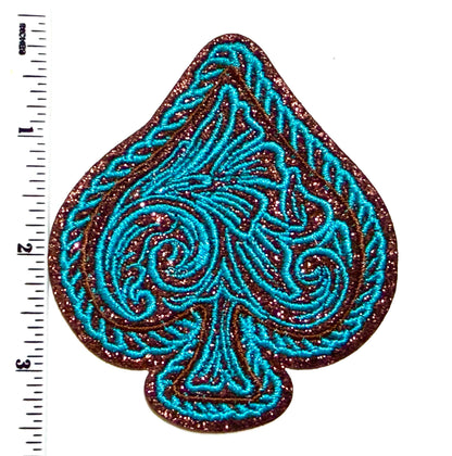 Spade or Lightning Bolt decorative brown glitter and turquoise - Embroidered Iron-On patch 3.5”