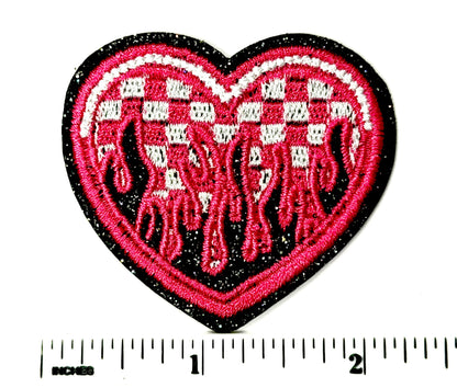 Checkered Hearts with Flames and glitter borders Iron On Patches 2”