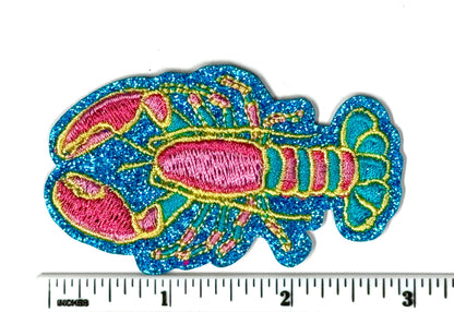 Crawfish patch with blue glitter outline - Embroidered DIY Iron on patch
