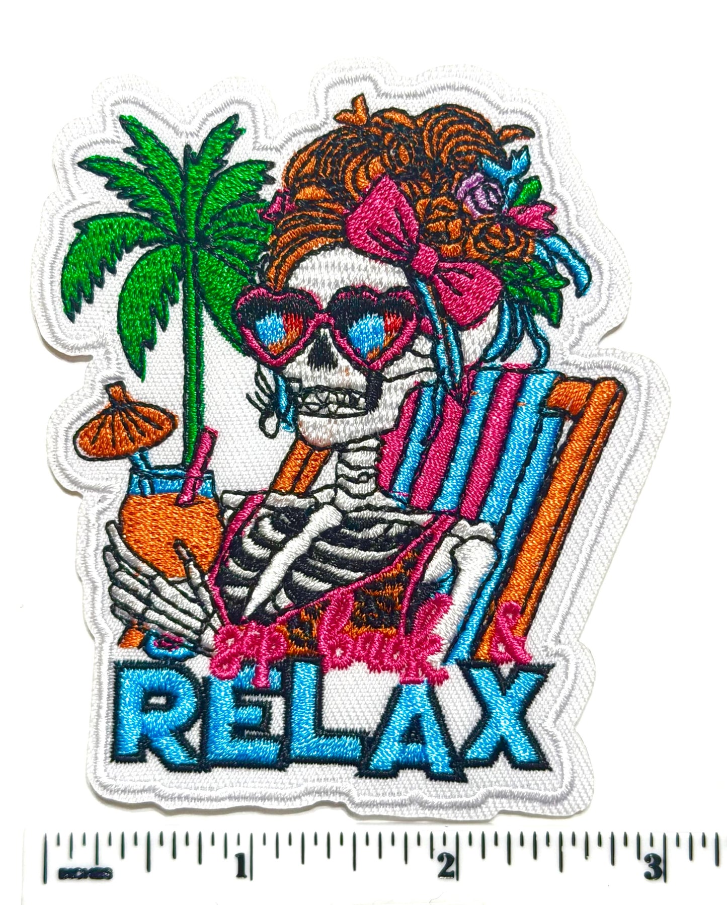 Skeleton Relax Patch, Summer Skeleton Iron On Patch, Beach Skeleton Embroidered Patch, Funny Vacation Patch, Tropical Skull Patch