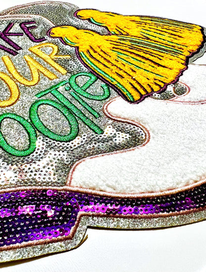 Mardi Gras Shake your Bootie patch - Sequins, embroidered & chenille DIY Iron on patch