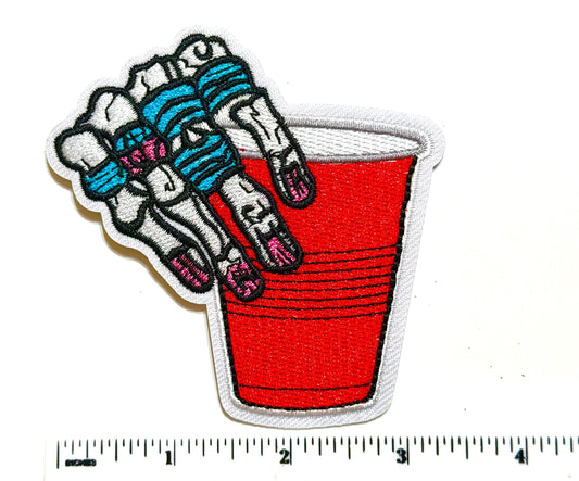 Skeleton Hand Red Solo Cup Patch, Funny Drinking Iron On Patch