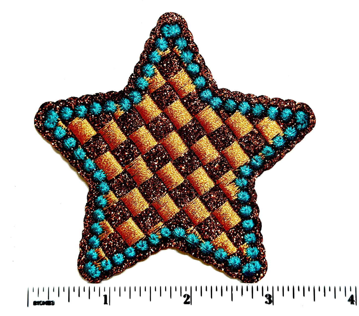 Turquoise & Checkered Brown Glitter patches, Bow and Star - Iron On DIY Applique