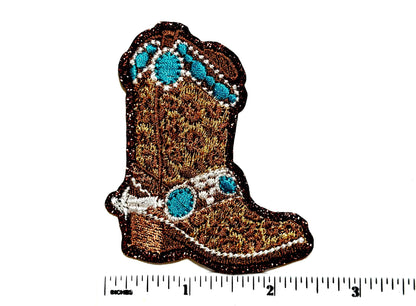 Cowgirl Boot with turquoise detail and brown glitter - Embroidered Iron on patch 3”