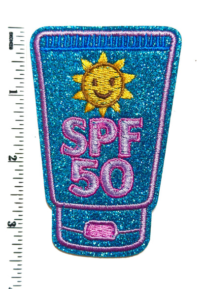 SPF 50 patch - Embroidered Iron on patch with blue glitter