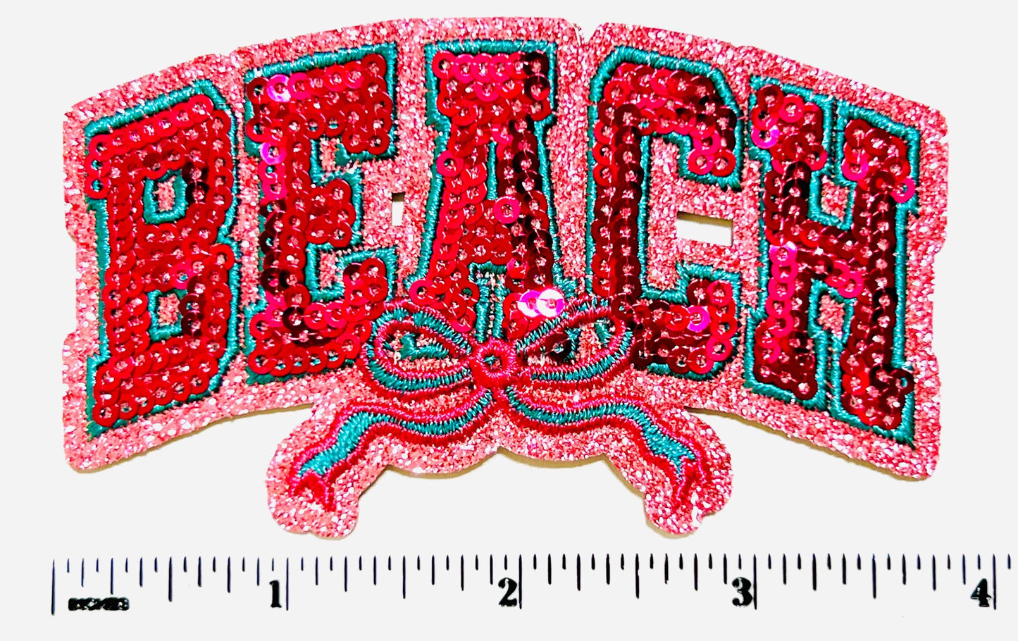 Beach *pink with teal outline* with a bow - Sequins DIY  Iron on patch