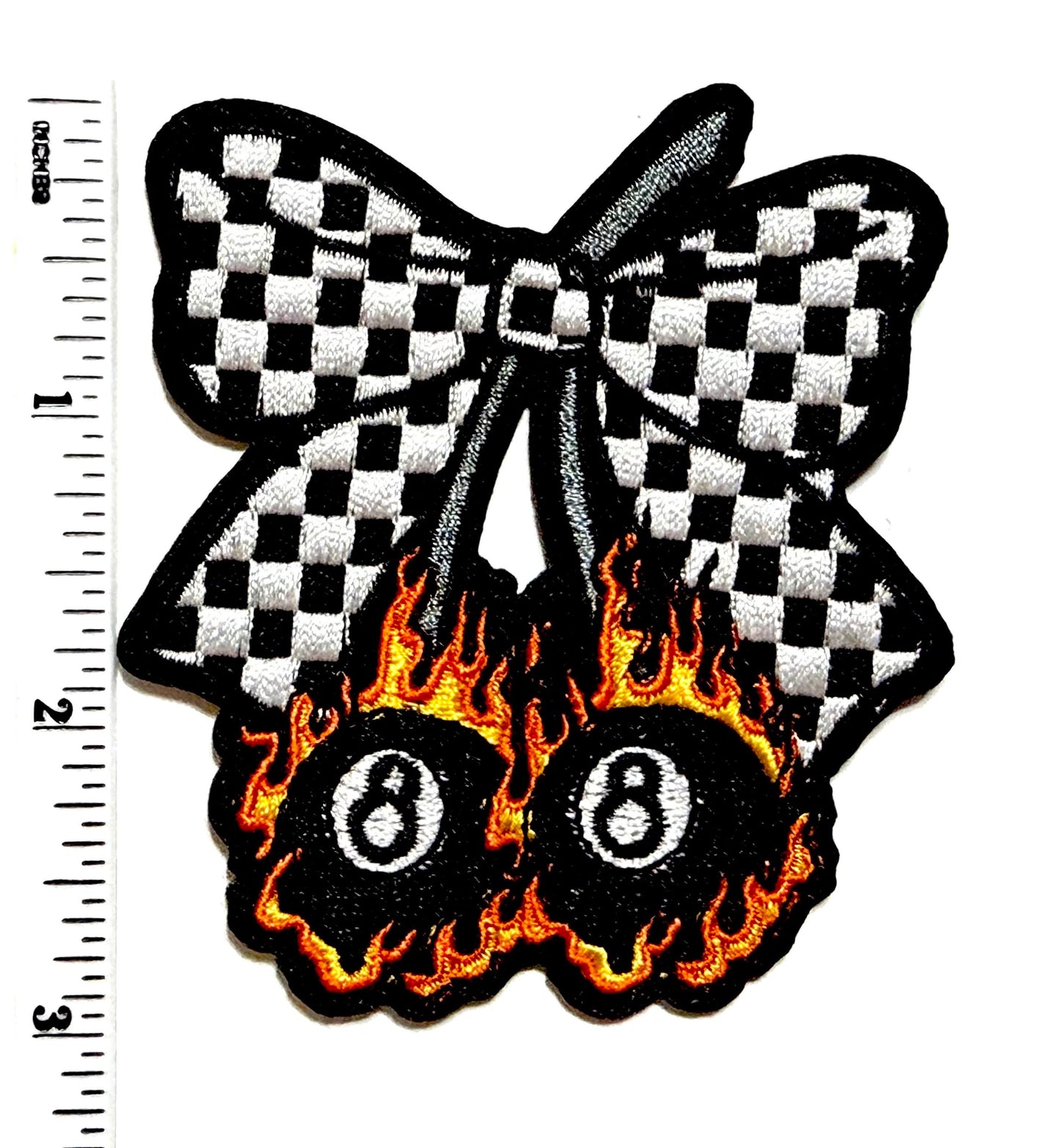 Flaming 8 Ball Bow Checkered Racing - Embroidered Iron On Patch 3”