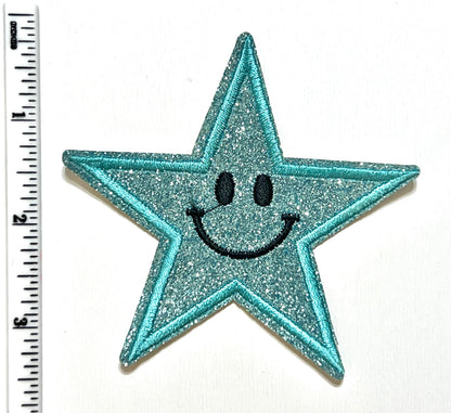 Smiley face teal glitter - Embroidered Iron on patch