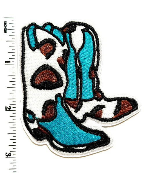 Turquoise & Cow print boots patch - Embroidered DIY Iron On Patch