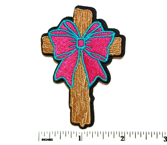 Cross with pink ribbon (small) - Embroidered Iron on patch