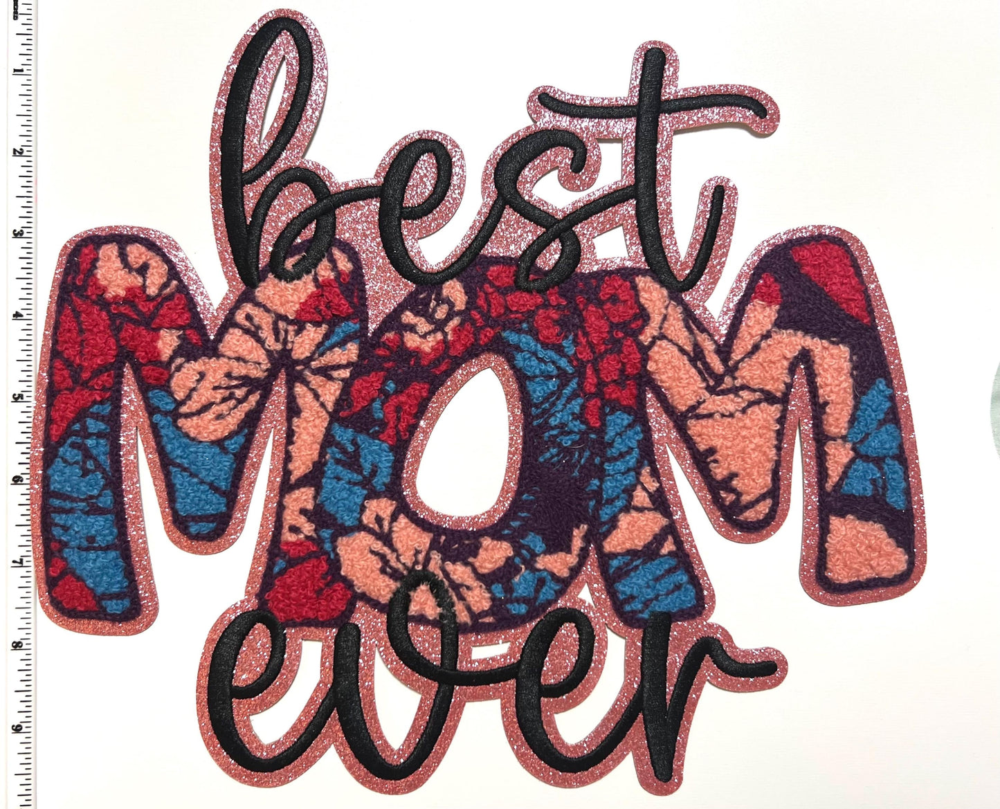 Mom Chenille Patch – Pink Glitter Iron-On Applique