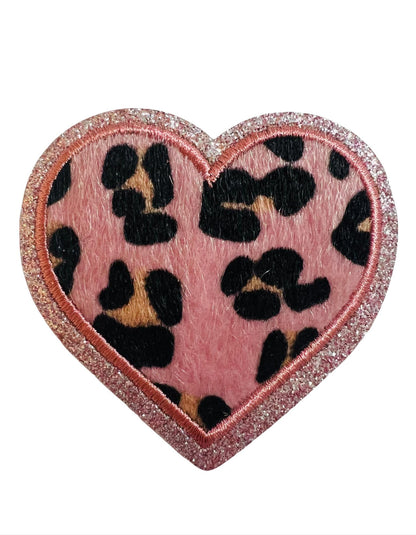 Leopard Print Heart - Iron on patches with glitter outlines