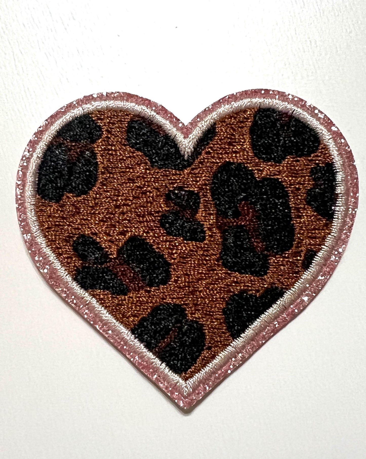 Leopard Print Heart - Iron on patches with glitter outlines