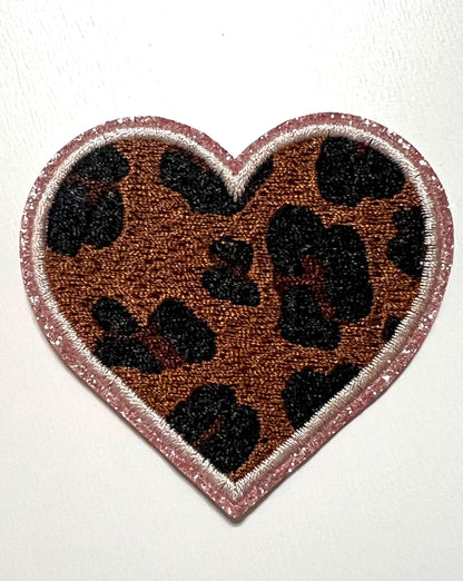 Leopard Print Heart - Iron on patches with glitter outlines