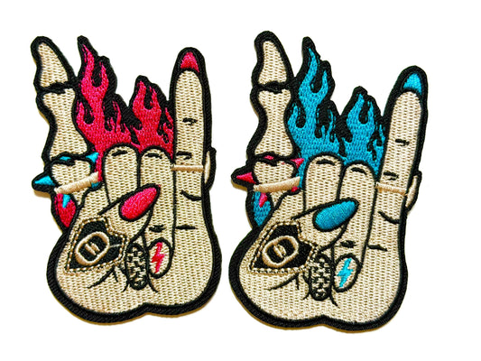 Edgy Hand rock on sign with flames patch - Embroidered DIY Iron on patches