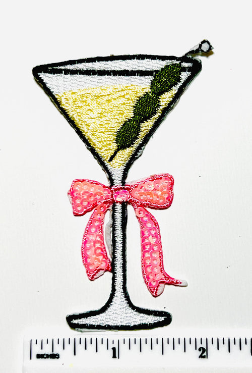 Martini Glass Patch with Pink Sequins Bow – Embroidered Iron-On Applique